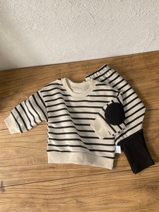 婴儿条纹卫衣套装2024春季童装男女宝宝补丁长袖T恤大PP裤两件套
