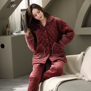 红豆睡衣女冬季加厚款加绒三层纯棉夹棉袄秋冬天加棉可外穿家居服