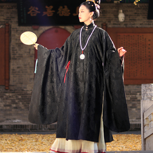 汉服明制立领斜襟长衫女冬款紫色披风砚初坊【紫幕】黑色大袖衫