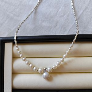 纯银碎银子月牙珍珠项链轻奢小众爆款微笑颈链4-9mm王妃锁骨链女
