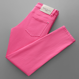 高端粉红色牛仔裤男士夏季时尚修身小脚弹力舒适潮流炫彩色男裤薄