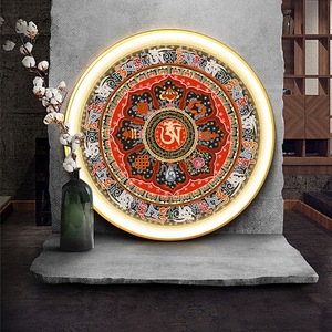 西藏佛教唐卡带灯挂画民族风镇宅禅意心经玄关装饰画发光圆形灯画