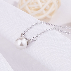 S925纯银气质珍珠可爱小猫咪项链猫头猫耳朵短款项链锁骨链子配饰