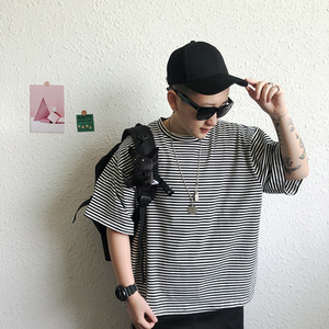 弗瑞格 日系韩版网红宽松条纹蝙蝠袖短袖t恤les帅t林弯弯潮流男女