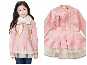 美美哒冬款韩国女童粉色网纱裙摆长袖麻花毛衣裙衫
