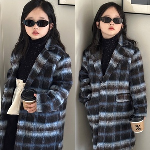 女童格子大衣加棉冬季2023新款韩版童装拉毛蓝色格子长款尼大衣潮