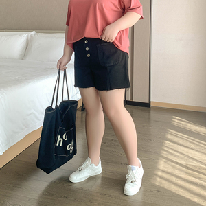 2色高腰排扣牛仔短裤女2022夏季新款大码胖妹妹宽松休闲裤子200斤