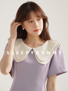 瞌睡兔 娃娃领短袖连衣裙女夏季法式温柔风小个子收腰a字紫色短裙