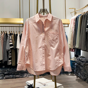 【晓艾档口实拍】时尚洋气拼缝棉质粉色衬衫女韩版休闲长袖衬衣