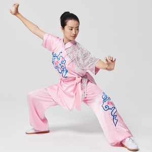 短袖长拳南拳武术服装套路比赛表演出服女粉色亮片刺绣花儿童定做