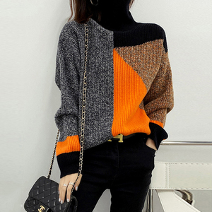 高领粗针菱格洋气拼色羊毛衫2020冬装加厚宽松显瘦撞色针织毛衣女