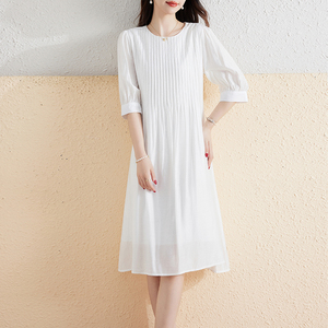2024年新款春夏季宽松大码中长款连衣裙女高级感法式白色中袖裙子