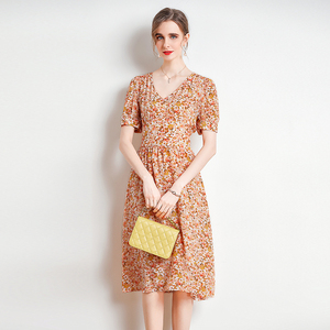 gros snidel法式收腰连衣裙女夏季温柔名媛风真丝碎花长裙高级感