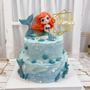 羽浵 雾霾蓝海洋鱼尾蛋糕美人鱼双层生日蛋糕女私房定制厦门同城