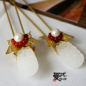 m39黄铜天然白玉对钗新娘古装汉服头饰 古代发钗u钗子diy手工制作