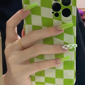 欧美超长荧光绿渐变美甲  手工甲片成品 穿戴式 棋盘格长款美甲