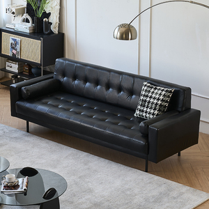 意式极简皮艺沙发小户型客厅现代轻奢办公室接待直排黑色三人沙发