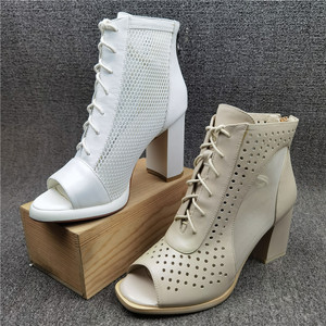 断码处理时尚百搭镂空透气真皮高帮凉靴女夏新款粗高跟网面鱼嘴鞋