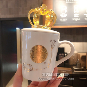 星巴克2021情人节340ml皇冠款马克杯金色铜牌白色陶瓷女神杯正品