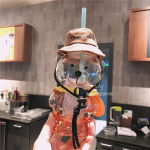 2021星巴克420ml野营小熊造型玻璃吸管杯可爱儿童玻璃杯南正品