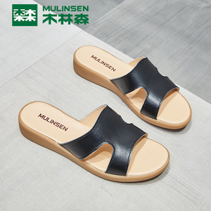 木林森拖鞋女2021夏季新款真皮软底时尚百搭一字凉拖女外穿沙滩鞋