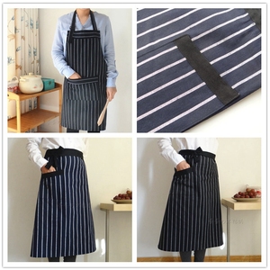 日式棉麻黑色蓝色条纹家居厨房成人围裙半围裙可调节肩带