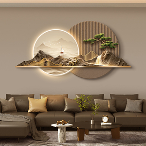 新中式客厅装饰画大气山水沙发背景墙挂画高档迎客松茶室壁画挂件