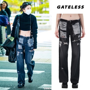 现货韩素希同款 GATELESS韩国设计师品牌 水洗做旧破洞磨痕牛仔裤