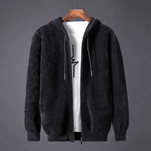 「黑狐」加厚水貂绒毛衣外套男士冬季纯色休闲针织开衫男连帽大码