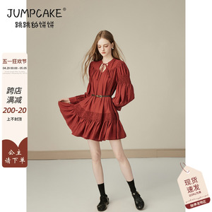 复古红色宽松连衣裙女夏季新款法式高级感长袖系带v领娃娃裙