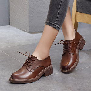 天妮格2021春秋新款英伦风真皮单鞋女系带深口休闲女鞋中跟低帮鞋