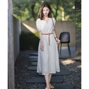 2024夏季新款法式高级感纯棉长裙超仙女气质白色短袖衬衫连衣裙子