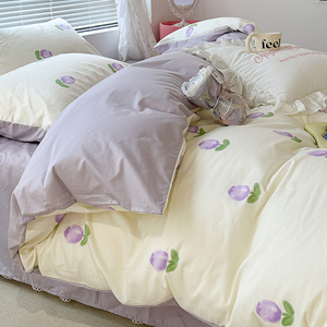 清新紫色纯棉床上四件套全棉2024新款床品床单三件套学生宿舍被套