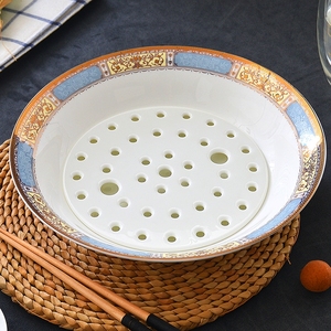 骨质瓷大号饺子盘沥水双层盘中式菜盘子家用陶瓷餐盘水饺专用盘子
