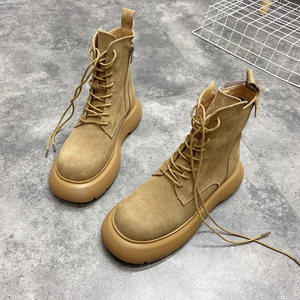 翻毛皮马丁靴女英伦风复古磨砂皮短靴秋冬加绒百搭平底中筒棉靴子