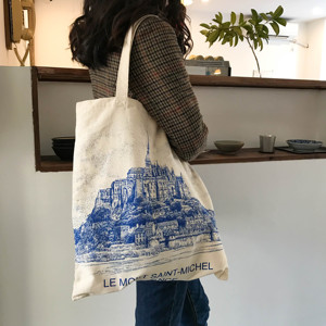 法国手绘线条小岛布包圣米歇尔棉布帆布包袋素描环保购物袋书袋女