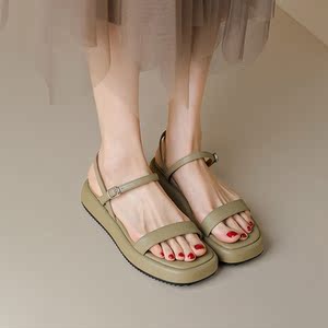 牛油果绿色厚底凉鞋女夏季一字带松糕底休闲舒适平底真皮露趾方头