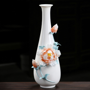 陶瓷花瓶摆件客厅干花插花白色瓷器净瓶轻奢高级感牡丹家居装饰品