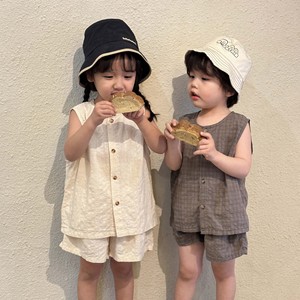 砂洗棉~日系韩范儿童夏季套装男女童棉麻薄款宝宝背心+短裤两件套