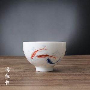 景德镇手绘功夫茶具 青花小鱼游鱼小茶杯 品名杯 泡茶杯喝茶杯