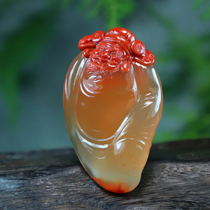 锦红肉过度鸡油黄冻料财神爷天然南红玛瑙吊坠雕刻件苏工dw1422