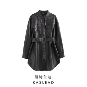 KASLEAD 新款 女装 欧美风休闲系带修身显瘦中长款皮衣外套