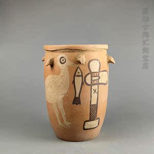 仰韶文化鹳鱼石斧图彩绘陶缸新石器时代中国早期绘画仿古陶器摆件