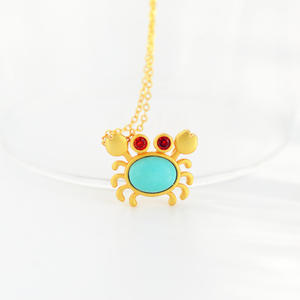 八方来横财天然原矿绿松石挂坠925银纯银厚镀金项链可爱螃蟹吊坠