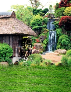 新直播拍视频照相摄影主播背景布瀑布山水风景茅草屋春季3d375