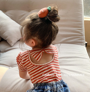 童装女童2024夏季洋气宝宝条纹短袖上衣韩版泡泡袖网红针织t恤潮