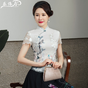 绣花日常短袖旗袍女式改良唐装上衣妈妈装夏季休闲两件套装中国风