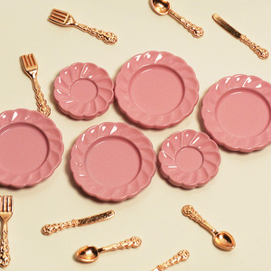 洋葱小厨房微缩迷你合金蛋糕碟餐碟餐盘仿真餐具食玩勺子模型摆件