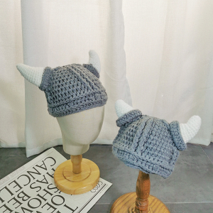 痞幼同款搞怪派对羊角帽子网红可爱包头帽手工编织针织毛线牛角帽