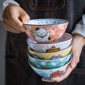千代源日本进口卡通瓷碗祥物风家用日式餐具高脚陶瓷饭碗小碗套装